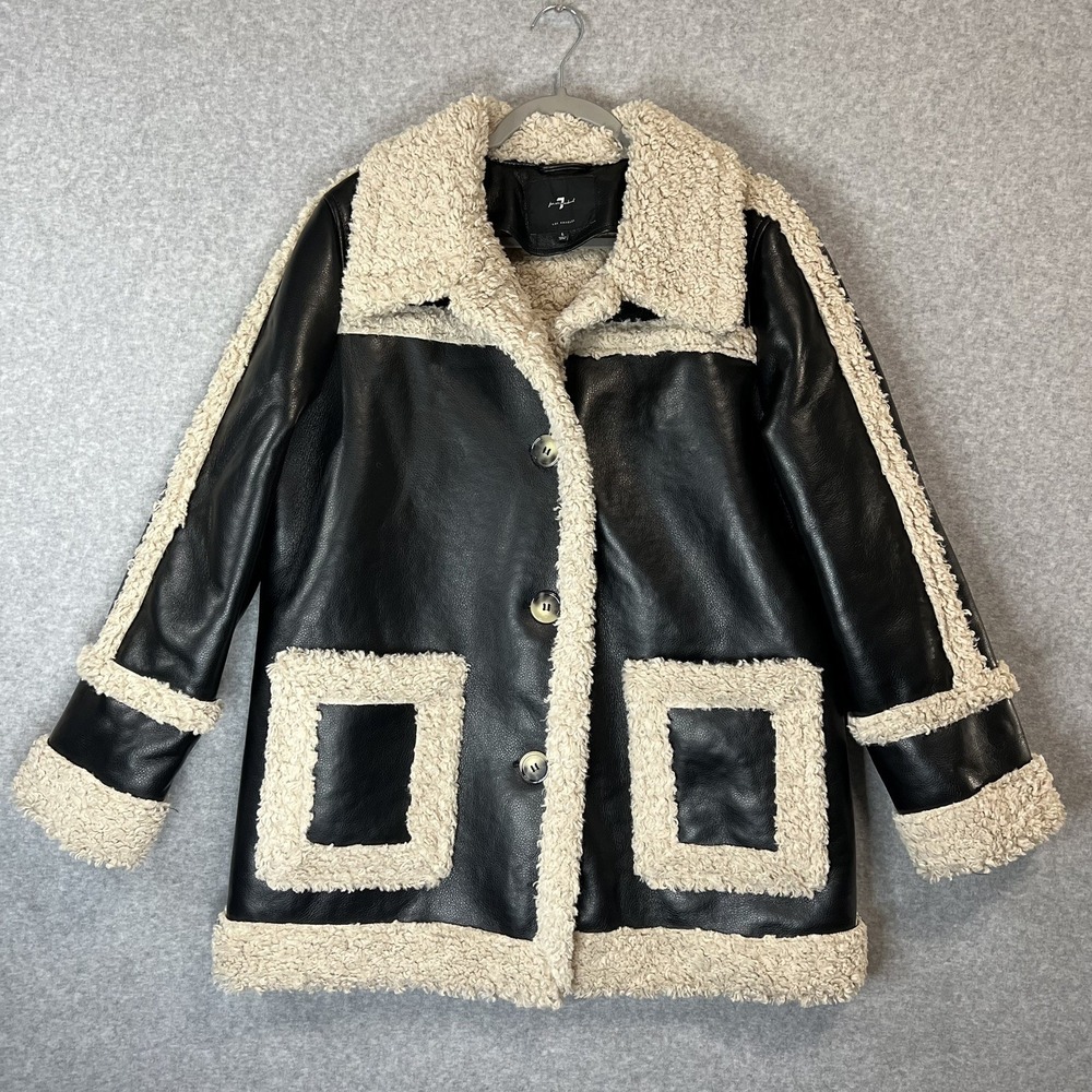 7 For All Mankind Womens L Black Faux Leather Shearling Teddy Coat 84046